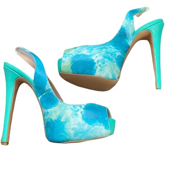 FSJ Shoes - FSJ Blue & Green Abstract Paint Design Platform Slingback 5.5” + Heel